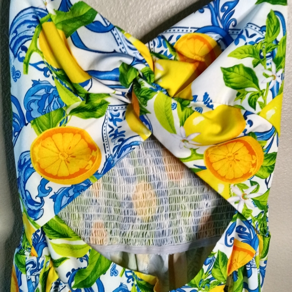 SHEIN Boho Lemon Print Smocked Midi Dress Size S - Picture 5 of 11